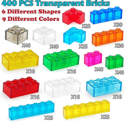 400 Pieces Translucent Building Bricks -9 Colors Crystal-Clear Classic Block Toy Fully Compatible with Major Brands Educational Construction Toy for Boys Girls 6 Years Old and Up