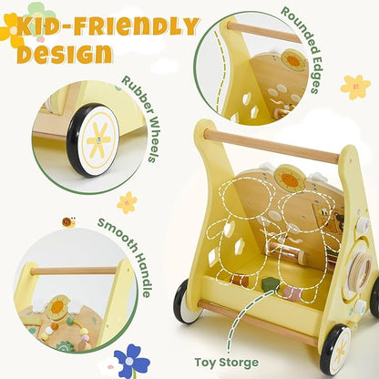 labebe Wooden Baby Walker, Push Walker for Baby Boys and Girls with Activity Center, Montessori Walker Push Toy for Toddler Learning to Walk