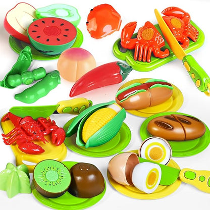 100 PCS Cutting Play Food Toy for Kids Kitchen, Pretend Food Toys for Toddlers, Play Kitchen Toys Accessories with 2 Baskets, Fake Food/Fruit/Vegetable, Birthday Gifts for 3 4 5 6 Years old Girls Boys