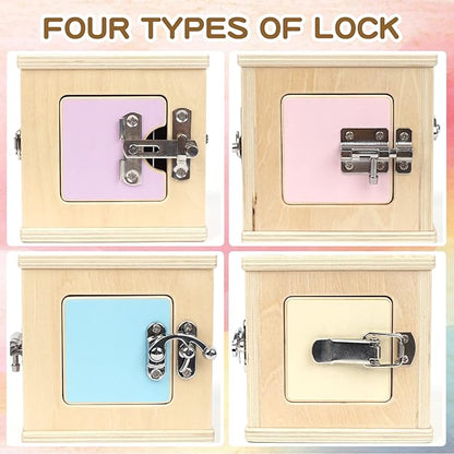 Beech Wooden Lock Box with 4 Different Doors & Various Lock Mechanisms Helps Develop Probelm Solving Skills,Montessori Wooden Educational Toy,Learning Fine Motor Skills Activity Board for 1+ Years