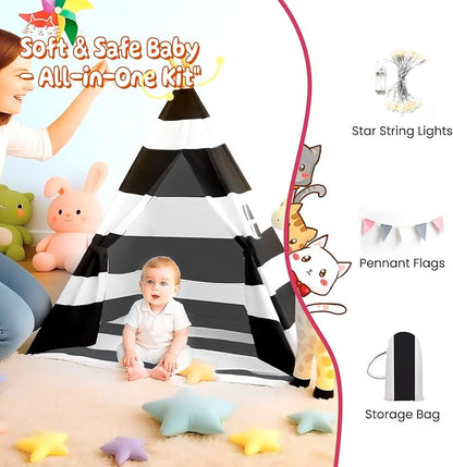 Teepee Tent for Kids with Lights, and Carry Bag, Washable Playhouse for Indoor Use, Ideal Play Tent for Girls and Boys, Stripe Black