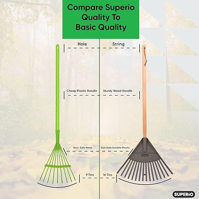 Pack of 3 Kids Rake with Hardwood Handle, Durable Plastic Head to Sweep Leaves in Lawn and Tidying Up The Garden, 34" (Orange)