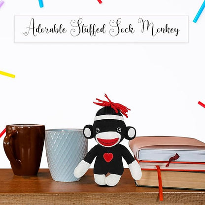 Adorable Sock Monkey 6 Inches, The Original Traditional Hand Knitted Stuffed Animal Toy Gift-for Kids, Babies, Teens, Girls and Boys Baby Doll Present Puppet (Black)