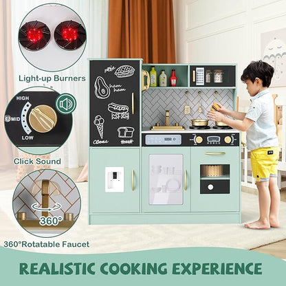 HONEY JOY Upgrade 39 in Kids Kitchen Playset, Large Wooden Little Chef Pretend Toy Kitchen Set w/Chalkboard, Telephone, Utensils, Oven, Microwave, Sink, Storage, Play Kitchen for Toddlers, Green