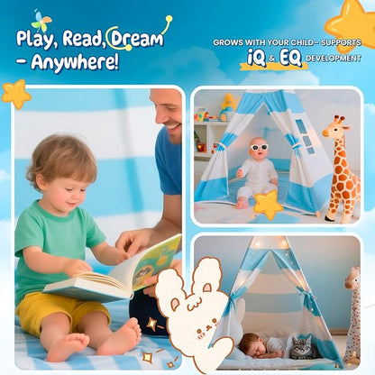 Teepee Tent for Kids with Padded Mat, Lights, and Carry Bag, Washable Playhouse for Indoor Use, Ideal Play Tent for Girls and Boys,Stripe Blue