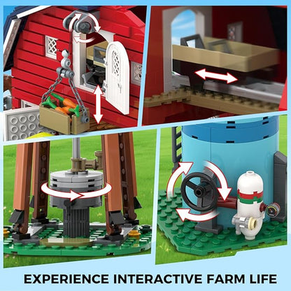 Western Farm Barn House Building Set with Lights, Newly Enhanced with Reinforced Structure, 1419 PCS Red Barn Building Toy with Animals Horse Tractor Windmill, Gift for Adults Boys Girls 10+