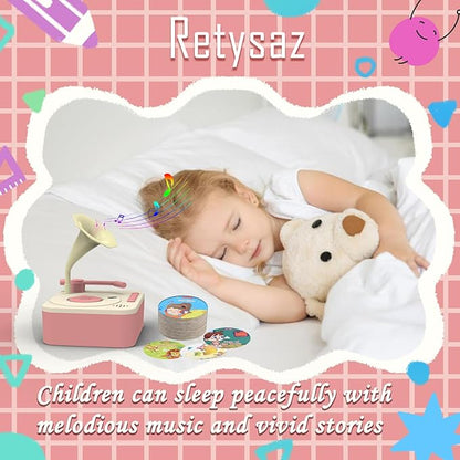 Retysaz Kids Phonograph with 96 Cards, Story Music Player Kids 3-6 Musical Sensory Toy boy Girl,Toddler Audio Pre-Kindergarten Toy Early Childhood Education Gift Birthday （Pink）…