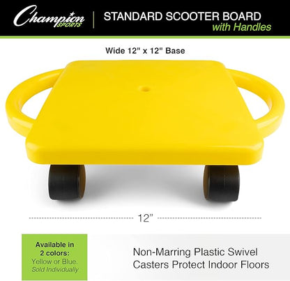 Champion Sports Scooter Board with Handles, Set of 6, Wide 12 x 12 Base - Multi-Colored, Fun Sports Scooters with Non-Marring Plastic Casters for Children - Premium Kids Outdoor Activities and Toys