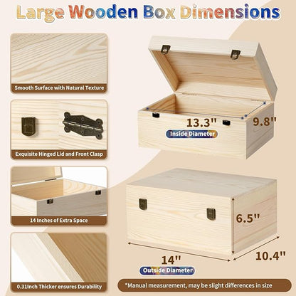 2 Pack Unfinished Wood Box with Lid Large Wooden Box(14”x10.4”x 6.5"+12"x 9"x4.9") Pine Storage Wood Boxes for Crafts, Jewelry, Art, DIYMemory,Keepsake Wooden Gift Boxes
