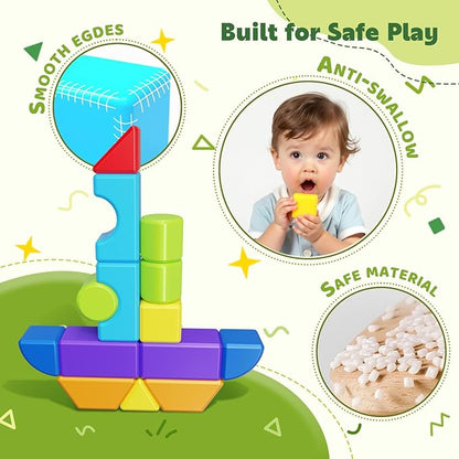 Magnetic Blocks, Large Building Blocks for Toddlers 1-3, Multi-Shape 3D Stacking Blocks Set, Montessori Learning Sensory Magnet Toys for Boys Girls, Kids Gift (14pcs)
