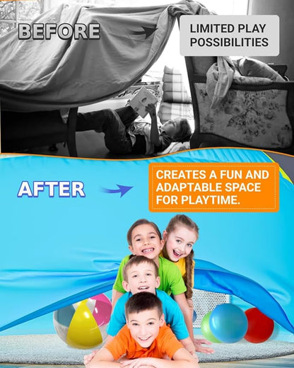 Skywin Inflatable Tent for Kids (Camo Dark Grey), Inflatable Air Tent for Kids Sets Up and Stores Away in Seconds, Improved Blow up Fort (Fan NOT Included) (Beach Ball Blue)