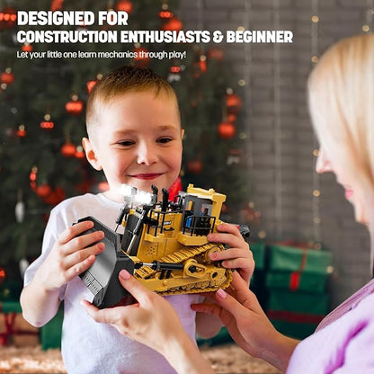 9-Channel Metal RC Bulldozer - Realistic Remote Control Kids Construction Play Toys with Lights and Sound, Track Type Tractor Toys for 3+ Boys, Perfect 2025 Kids Birthday Gift for Ages 3-12+