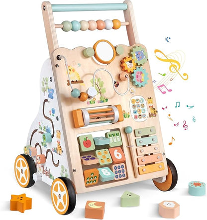 Wooden Baby Walker with Wheels, Push Walker with Baby Activity Center, Montessori Walking Toy for 1 Year Old Girls Boys, Ajustable Speed & Height Activity Toy for Toddler Learning to Walk 12+ Months