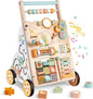 Wooden Baby Walker with Wheels, Push Walker with Baby Activity Center, Montessori Walking Toy for 1 Year Old Girls Boys, Ajustable Speed & Height Activity Toy for Toddler Learning to Walk 12+ Months