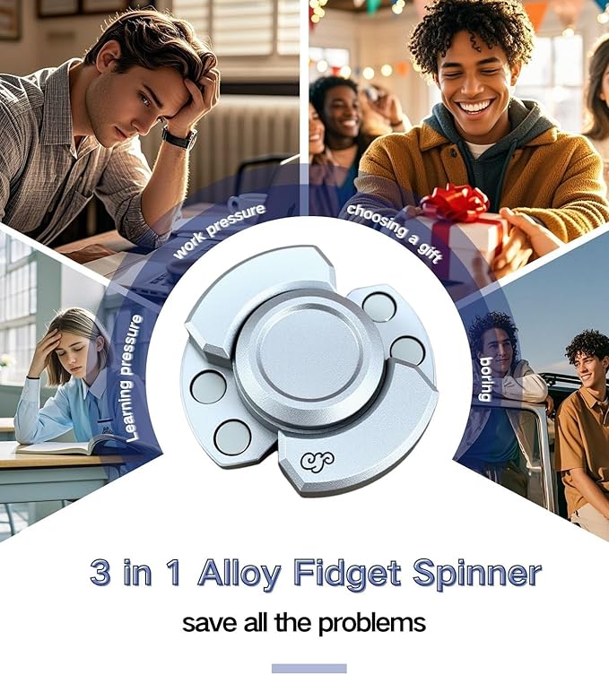 3-in-1 Alloy Fidget Toys Adults - Fidget Spinner,Clicker,Slider Modes,Ultra-Silent,High-Speed Rotation,3-Minute Spin Time,Compact Stress Relief Toy for Adult(Black)