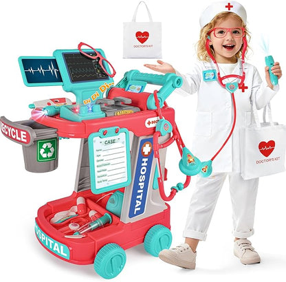 Upgraded Doctor Pretend Playset for Toddlers, Pretend Play Medical Toy Doctor Cart, Doctor Toy for Toddlers 3-5, Christmas Birthday Costume Role Play Dress Up Gift Ideas for Boys Girls