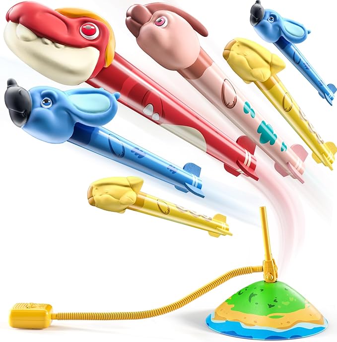 TEMI Dinosaur Rocket Launcher - 6 Dino Rockets, Launch up to 100 ft, Fun Outdoor or Indoor Kids Toy for Boys & Girls Age 3-7, Dinosaur Toy, Birthday Gift for Kids Age 4-8