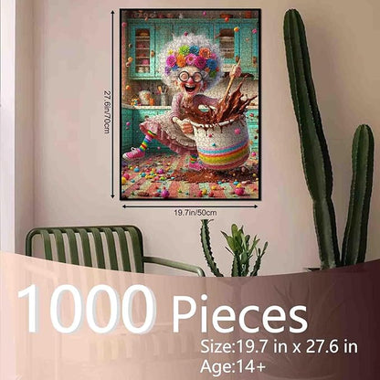 Granny Baking Jigsaw Puzzles for Adults Colorful Kitchen Chaos 1000 Pieces Puzzles for Challenging Family Activity Games Chocolate Splash Art Jigsaw Puzzle DIY Craft Puzzles Home Decor 20x27 Inches
