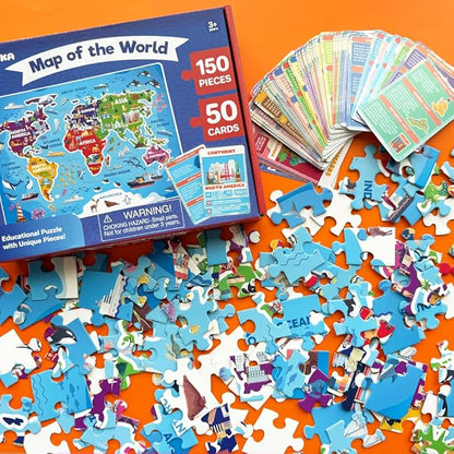 QUOKKA Puzzles for Kids Ages 4-6 - 150 Pcs Floor Puzzles World Map for Kids Ages 4-8 Preschool Activities - Includes 50 Cards with 400+ World Facts - Continent-Shaped Jigsaw Puzzle Gift for Girls Boys