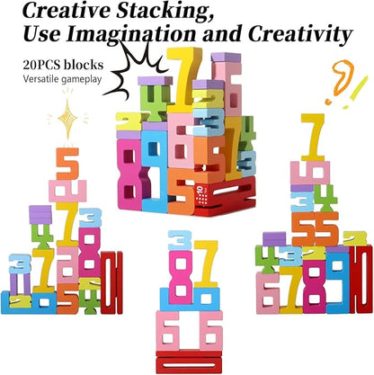 20PCS Wooden Number Building Blocks, Montessori Toys Math Learning Toys for Kids Digital Educational Counting Toys Learning Toys for Parent-Kids Interaction Social Skills Creative Games for Ages 3+