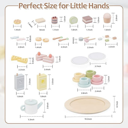 Wooden Tea Party Set for Little Girls, 34 PCS Wooden Tea Set for Toddlers 3-5, Pretend Play Kids Wood Tea Set Toy, Play Kitchen Accessories with Play Food, Improve Imagination