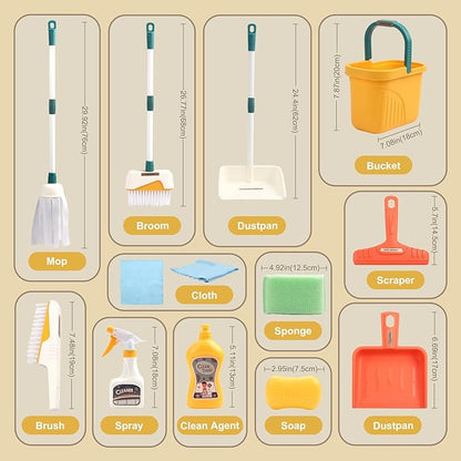 Joyfia Kids Cleaning Set 12 Piece, Toy Cleaning Set Includes Broom, Dustpan, Mop, Brush, Spray, Scraper, Bucket, Sponge and More, Pretend Play Housekeeping Kit for Toddlers Aged 3+