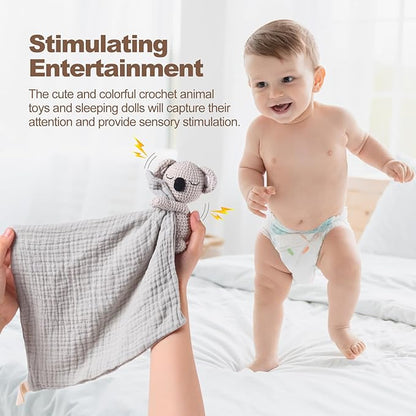 Hand Knit Koala Baby Blanket - Cute Educational Plush Doll and Baby Rattle, Soothing Toy.