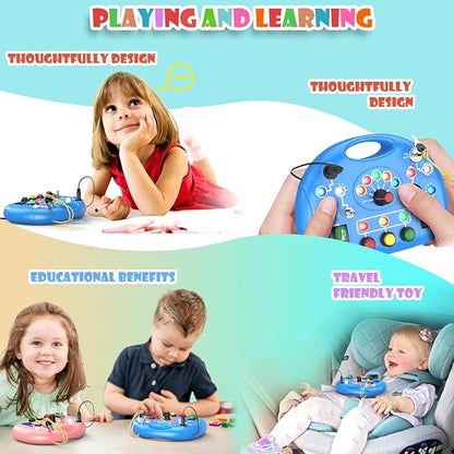 Busy Board with LED Light, Montessori Busy Board for 1+ Year Old, Sensory Toys for Toddlers 1-3, Fidget Board Travel Toys for Kids Preschool Learning Activities Boys Birthday (Blue)