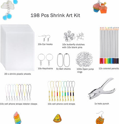 Auihiay 198 Pieces Shrink Plastic Kit Includes 20 Sheets Shrink Papers, Hole Punch, Keychain Accessories and Pencils for Shrinky Art and DIY Keychain Making Easter Mother Day Ornament