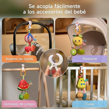 TUMAMA Hanging Toys for Baby Gym, 4 Pack Fruit Crib Stroller Baby Gym Mobile Plush Toys with Teether, Hanging Rattle Toys, Car Seat Toys for Babies 0-6 Months Boy