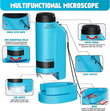 Portable Microscope for Kids Zoom 60x-180x,Handheld Mini Microscope Toy,STEM&Science Toys,LED Pocket,Little Scientist Microscopes with 12pcs Slides,Gift for 6,7,8,9,10+ Girls Boys（2PCS Blue）
