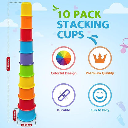 KIDSTHRILL Rainbow Colors Baby Stacking Cups for Toddlers, Tall Baby Stacking Toys Nesting Cups, Drain Holes for Bath Toys, Educational & Motor Skills Sorting & Nesting for 1 2 3 Years Old