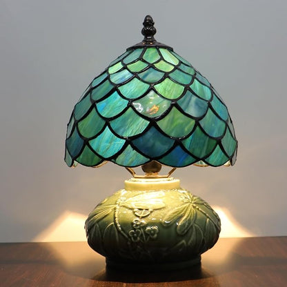 Small Tiffany Lamp Mushroom Table Lamp, Mini Stained Glass Desk Light Memory Sympathy Ceramic lamp 8X11 Inch (Fishscale Style)
