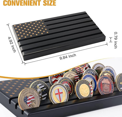 Military Challenge Coins Display Holder,Challenge Coins Stand with American Flag,Army Collectors 6 Rows Military Coin Display Case Rack Solid Wood