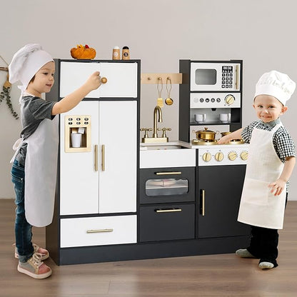 Wooden Play Kitchen Set for Kids – Interactive Pretend Toddler Kitchen Playset with 12 Kitchen Toy Accessories, Perfect for Ages 3+