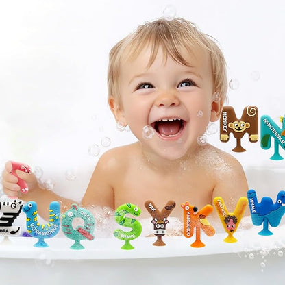 Suction Bath Toy for Toddler, 26PCS Animal Alphabet, Montessori Sensory Toy Gift for Kids Aged 3-12, Educational Spelling for Autism/ADD/ADHD,No Hole Bath Toy for Baby Toddlers