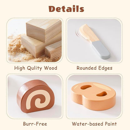 ROBOTIME Wooden Play Food Cutting Bread Set, Pretend Play Toy Food for Play Kitchen with Shopping Bag – Kids Kitchen Accessories, Wooden Bread Toys for Boys & Girls
