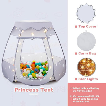 Baby Ball Pit for Toddler: with Star Lights - Pop Up Princess Play Tent for Kids - Indoor Outdoor Baby Girl Toys Birthday Gifts - NO Balls (Gray Tent)