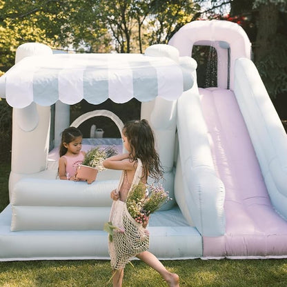 PLAYSMOL Market Splash Water Slide Bounce House, Inflatable Water Slide with Climbing Wall & Sprinkler, Features Market Counter for Pretend Play, Ages 3-8