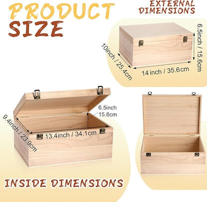Wesiti 2 Pcs Unfinished Wooden Box 14 x 10 x 6.5 Inch Treasure Chest Craft Box with Hinged Lid Rustic Large Paint Box Stash Crate for Storage Carving DIY Gift