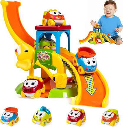 Marstone Toddler Toys for 1 2 Year Old Boys and Girls Gifts: Educational Elephant Slide with 4 Animal Car Toys for Baby 12-18 Months, First for Kids, Learning Push Truck Tracks Age 1-2
