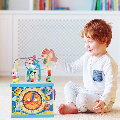 Qilay Wooden Activity Cube for Toddlers, 5 in 1 Multipurpose ABC-123 Abacus Early Educational Montessori Toys, Learning Toys for 3 Year Old | Bead Maze, Great for Boys Girls