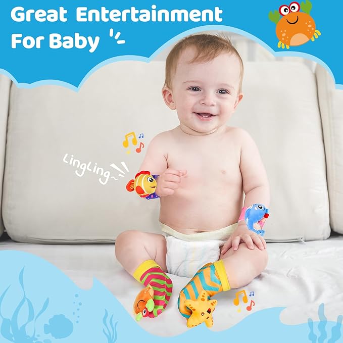 URMYWO Wrist Rattles for Baby - Rattle Socks - Foot Finder Set - Baby Toys for 0-12 Months Infant - Newborn Essentials - Early Learning Sensery Toys for Boys and Girls as Shower Gifts