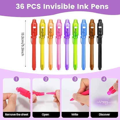 Invisible Ink Pen with UV Light, 36 Pcs Spy Pens, Party Favors for Kids 8-12 4-8, Classroom Prizes for Students, Magic Marker for Secret Messages, Party Birthday Halloween Goodies Christmas Stuffers