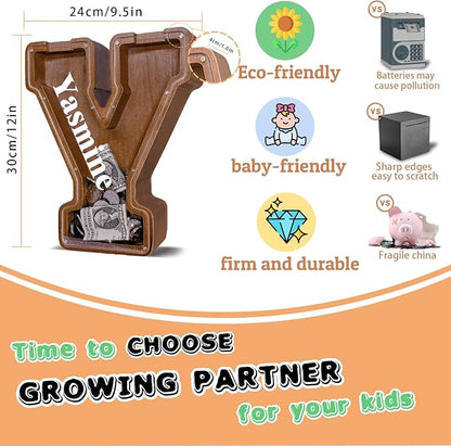 Personalized Wooden Letter Piggy Bank for Kids Larger Letter Piggy Bank for Boys and Girls Initial Coin Bank Customized Piggy Bank Perfect Wood Kids Money Bank for Birthday and Festival