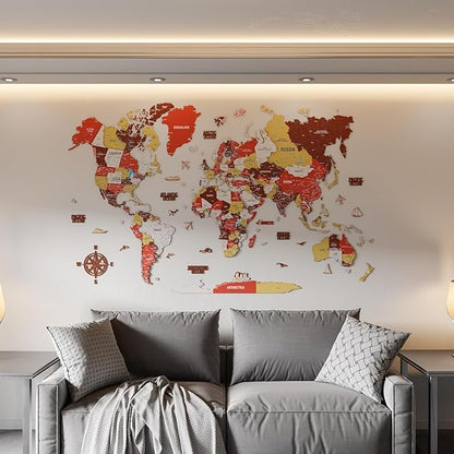 Colorfull Worlds 3D Wooden World Map Wall Art - Premium Multicolored World Travel Map for Wall Decor with Push Pins- Ideal Housewarming Gift & Travel Tracker (Medium, Terracota)
