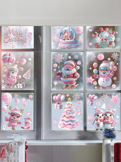 9 Sheet Christmas Pink Window Decorations - Merry Christmas Window Clings for Glass Windows, Santa Claus Snowflake Christma Windows Stickers Decals for Indoor Home Xmas Holiday Winter Party Decor
