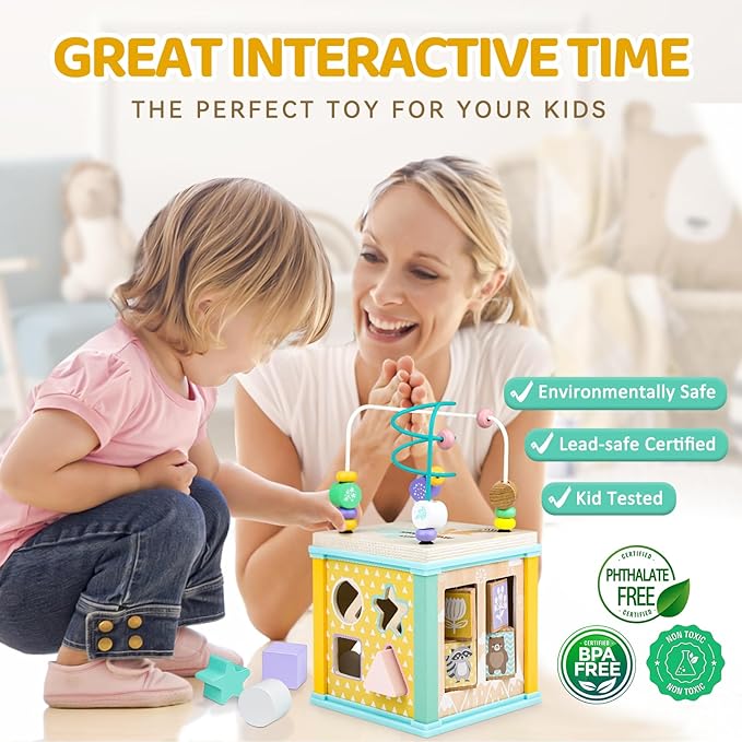 Wooden Activity Cube Montessori Toys for 1 2 3 Year Old Baby Toys 12 Months Toddlers 1-3 Birthday Gift Boys Girls Sensory Interactive Learning Toys