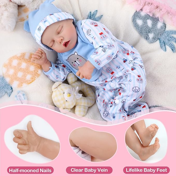 JIZHI Lifelike Reborn Baby Dolls - 17-Inch Realistic Newborn Baby Doll Full Vinyl Body, Poseable, Girl with Feeding Kit, Gift Box for Ages 3+