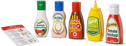 Melissa & Doug 5-Piece Favorite Condiments Play Food Set Play Ketchup and Mustard Bottles, Pretend Food Set for Kids Ages 3+